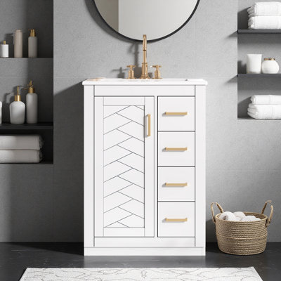 Meuble-lavabo simple autoportant 24 po avec lavabo en céramique, 1 porte et 3 tiroirs 24 po
