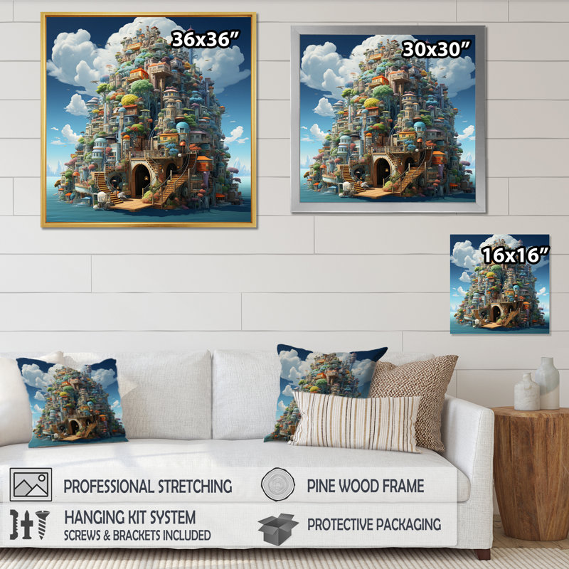 Château fantastique II sur toile, Cadre flottant blanc, H 24 po x l 24 po x P 1 po