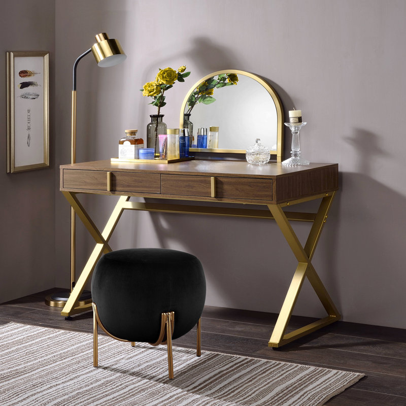 Walnut & Gold Finish Vanity Desk W/Mirror & Jewelry Tray