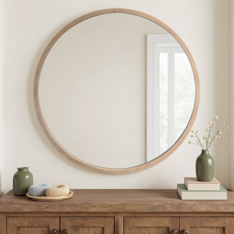Carper Solid Wood Round Mirror, Brown