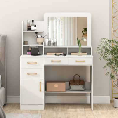 39.5'' Modern Makeup Table Vanity Desk w/ Power Outlets & Open Shelves