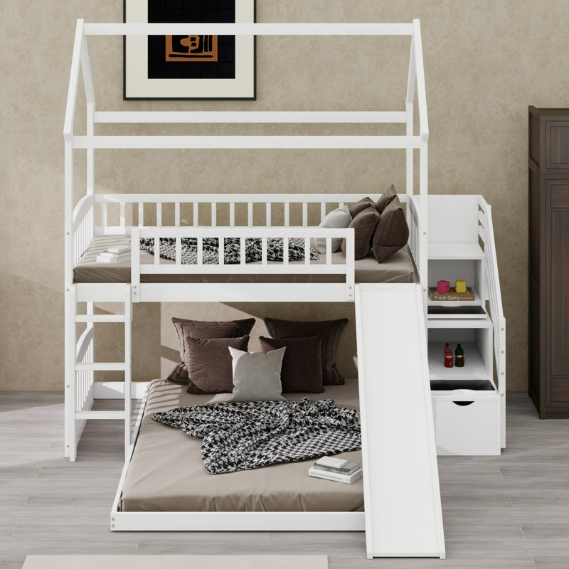 Lit superposé de style maison avec glissade, Blanc