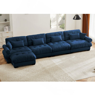 Canapé modulaire en L en forme de L, canapé convertible 4 places modulaire profond pour le salon, coussins de canapé d'angle rembourrés en velours moderne, coussins décoratifs et accoudoirs Blostered, bleu