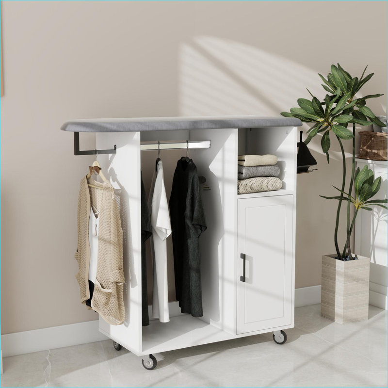 Chariot à repasser avec planche à repasser, tablettes de rangement et amp; Tringles à vêtements - Bois aggloméré blanc neige E1 | Minimaliste | Salle de lavage