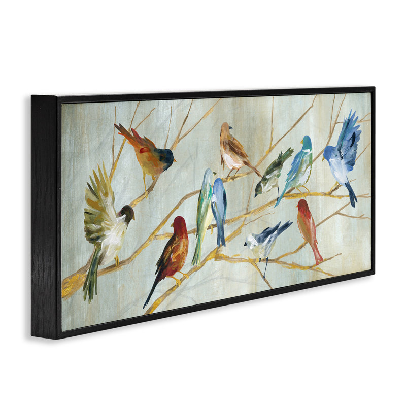 Oiseaux au repos, branches d'arbres d'automne, bleu, rouge, brun, estampe numérique encadrée, art texturé par Carol Robinson