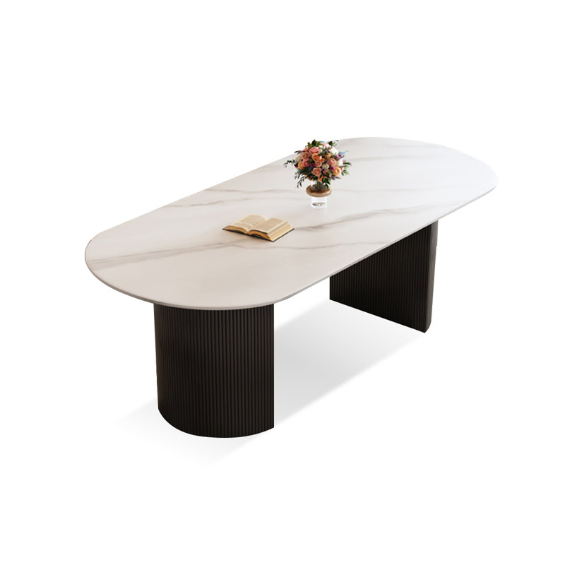 Table de salle à manger blanche + pierre ovale frittée + bois manufacturé, H 29,53 po x L 62,99 po x l 31,5 po