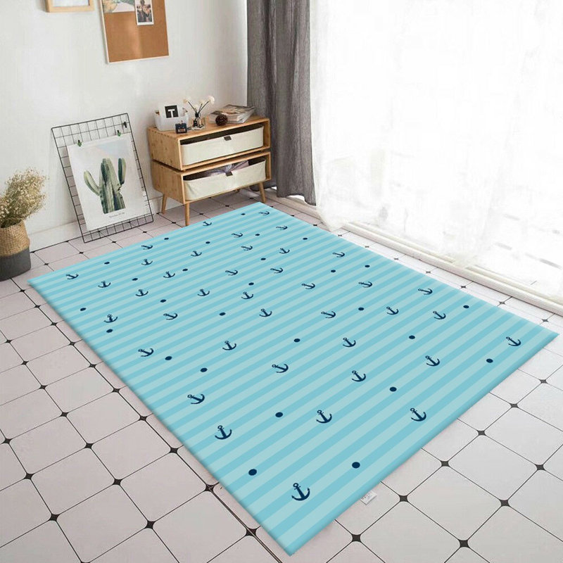 Tapis bleu en polyester tissé à la machine à rayures Golub, Rectangle 2 pi 7 po x 4 pi 11 po
