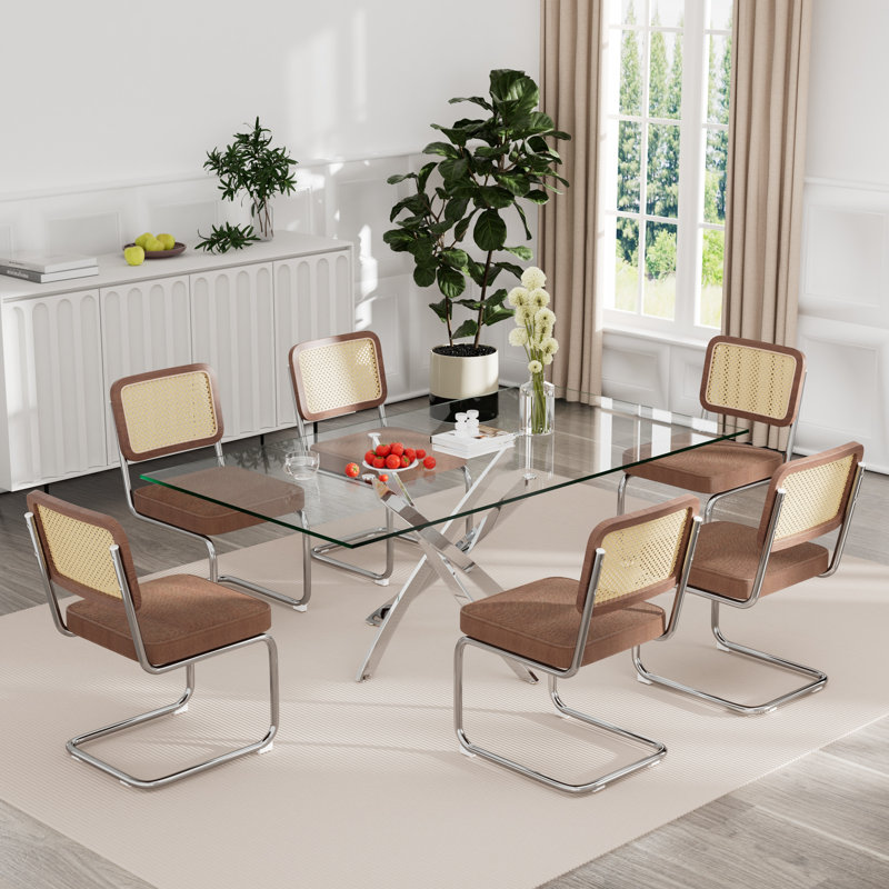 Ensemble de table rectangulaire en verre trempé, Café / Argent, 7