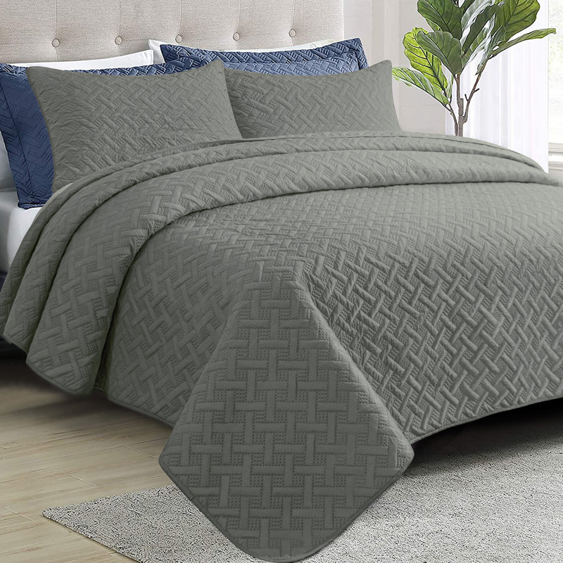 3 Piece Bed Quilted Coverlet, Microfiber Bedspread - NTBAY, Gray, Twin Quilt + 1 Standard Sham