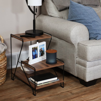 3-Tier Metal Wire Accent End Table with Faux Woodgrain Top