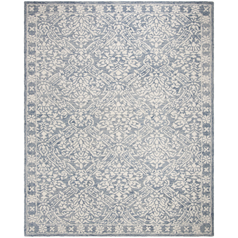 Handmade Blue and Ivory Floral Wool Area Rug, 8' x 11'