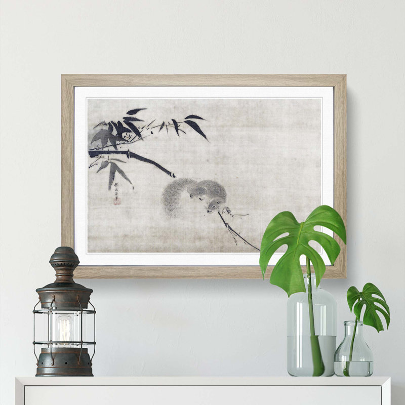 Squirrel on a Bamboo by Kano Tan'yu - Picture Frame Painting Print, Oak Framed, 36cm H x 48cm W x 2cm D
