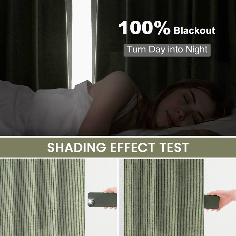 Fabdivine Handmade Thick Linen Striped Green Curtain 27x24 Inches, 2- Panel Set Block Print Drapes with Pleated Pinch Room Darkening, for Living Room, Office or Bedroom Window Décor, Manpasand