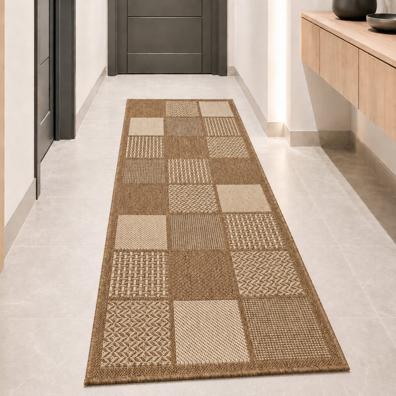 Non Slip Rug Flat Weave Check Kitchen Living Room Carpet, Rectangle 60 x 230 cm, Brown