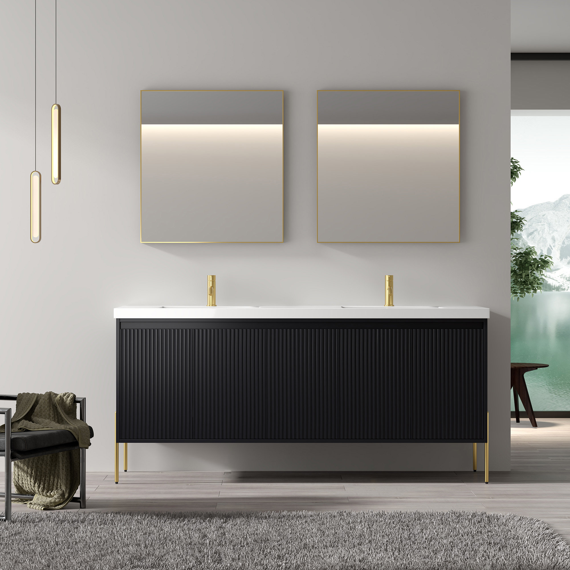 Socwell 73'' Double Bathroom Vanity with Resin Top, White, Charcoal