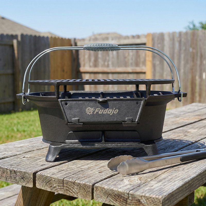 Portable Cast Iron Charcoal Grill With Enamel Coating – Outdoor Tabletop Hibachi BBQ Griddle For Camping, Tailgating & Picnics