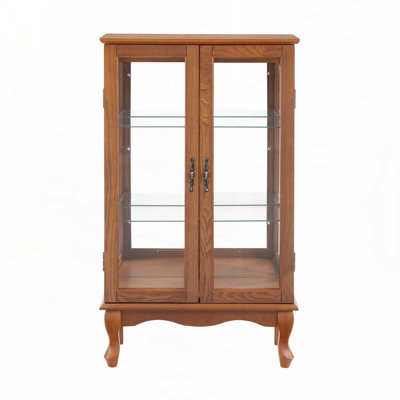 2 Doors Curio Cabinet with Tempered Glass Doors, Curio Cabinets with Mirrored Back Panel and Adjustable Shelves, Lighted Display Cabinet for Home, Office Light Bulb Included Oak