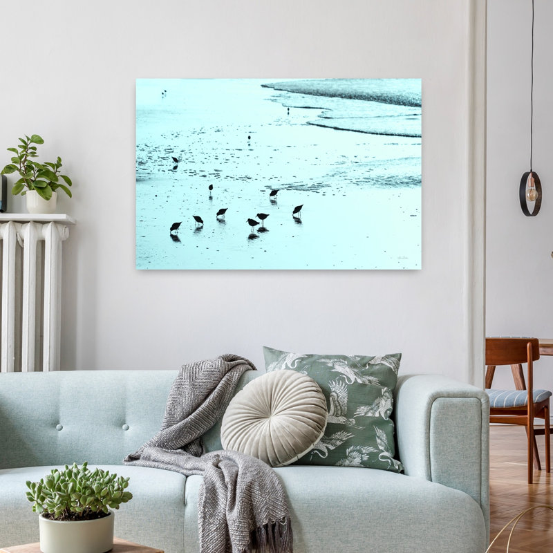 «Blue Sandpipers», oiseau abstrait, paysage côtier, art, H 24 po x l 36 po