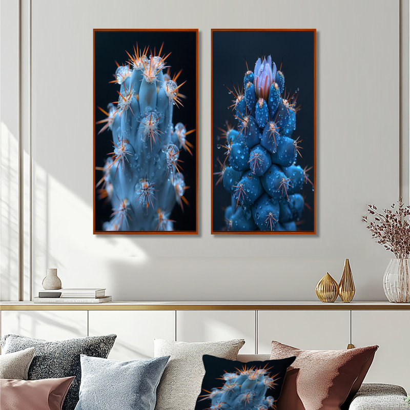Cactus monochrome orange, bleu, désert, lueur I - ensemble de 2 cactus floraux, H 32 po x l 32 po, Impression encadrée, Brun