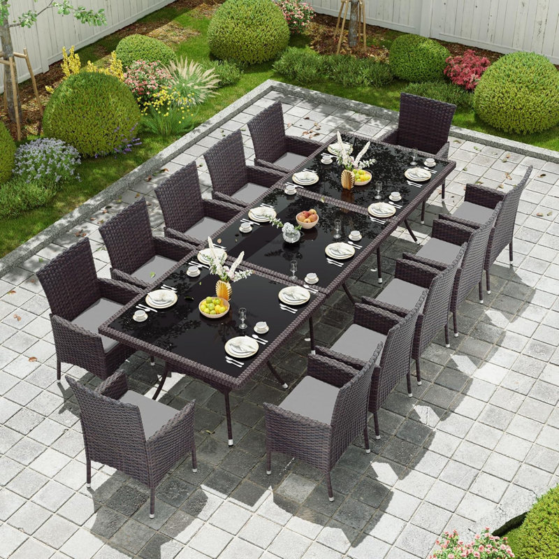 Hemraj 15-Piece Outdoor Dining Set Rattan Chairs With Cushions And Matching Glass-Top Tables, Gray
