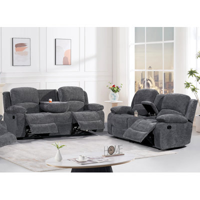 2 Piece  Soft Microfiber Manual  Reclining Sofa Set, Drop Down Table, Cupholder Console, Living Room Set