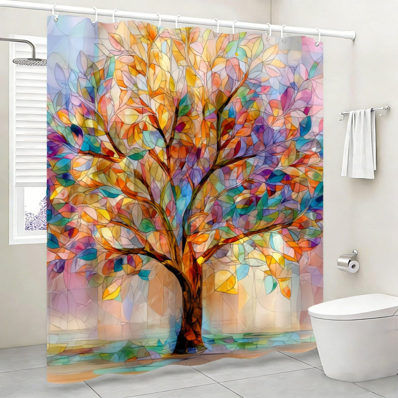 Rideau de salle de bain abstrait en vitrail représentant un arbre, avec crochets, 180 x 180 cm (72 x 72 pouces), jaune