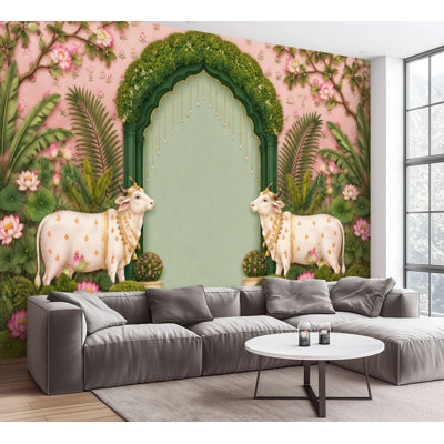 Papier peint adhésif peler et coller Élégante arche florale, vaches sacrées, fleurs de lotus, papier autocollant amovible de style indien traditionnel, décoration murale pour salon, chambre à coucher H 100 po x l 144 po