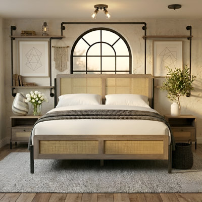 The Industrial Boho Wood Platform Bed with Woven Cane Panels & Metal Legs