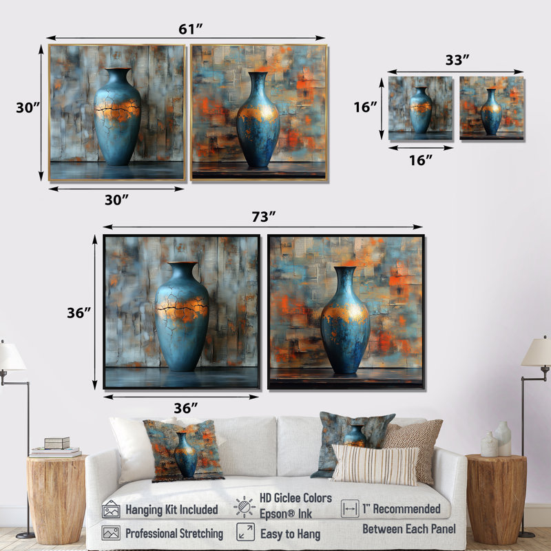 «Golden Blue Celestial Pottery Dreams I - Boho Pottery», art mural traditionnel 2 pièces, Crème, crème, H 36 po x l 73 po