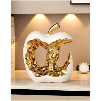 Sculpture luxueuse en céramique pomme creuse avec accents dorés, décor de table minimaliste moderne pour le salon, le vestibule, l'armoire à vin, cadeau de figurine Peace & Joy
