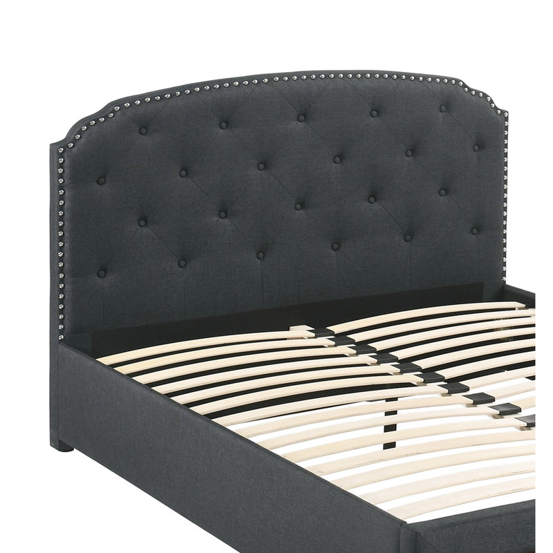 Lit simple contemporain avec revêtement en toile de jute gris anthracite et tête de compartiment de rangement en tissu