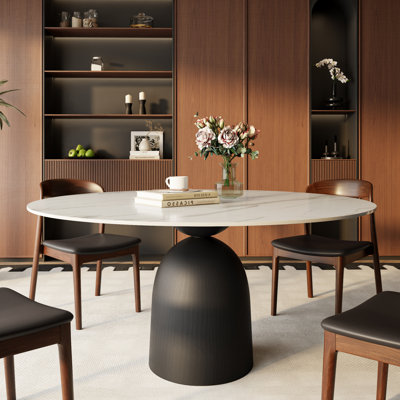 Modern Dining Table Round Black Sintered Stone Dining Table 47" White Grey With Solid Wood Pedestal For 4
