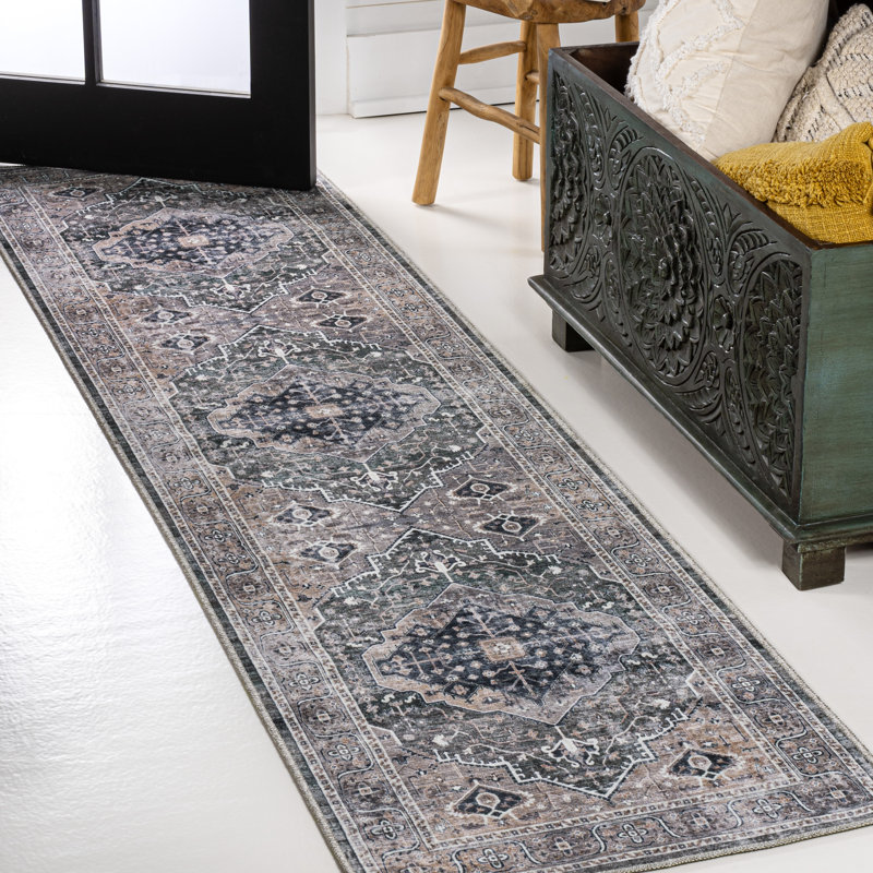 Alacati Ogee Medallion Machine-Washable Dark Green/Dark Beige Rug, Runner 2' x 8'