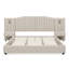 Lit en velours capitonné vertical très grand moderne avec 2 tables de chevet intégrées, lampes de lecture réglables et tête de lit large à oreilles-370241792