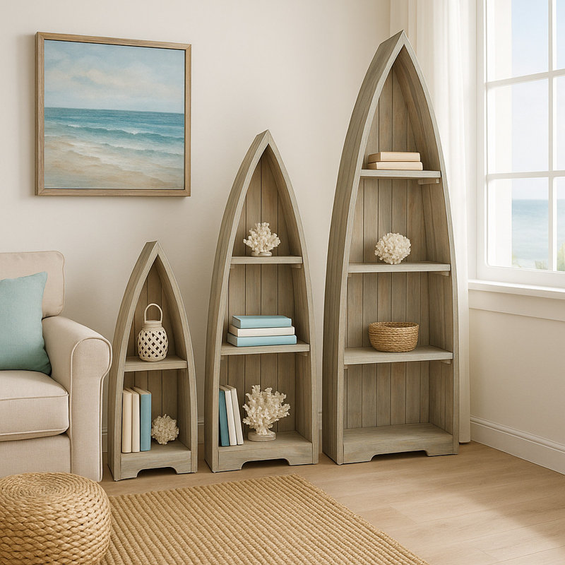Keasal 77'' H x 21.5'' W Solid Wood Boat Bookcase, Light Brown