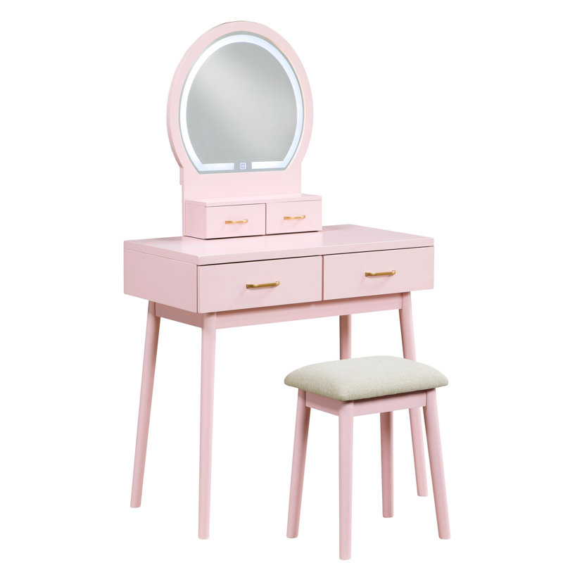 Captivating Pink Vanity Dresser With Mirror & Stool - Bedroom Element And For Functional Storage Unit, Pink