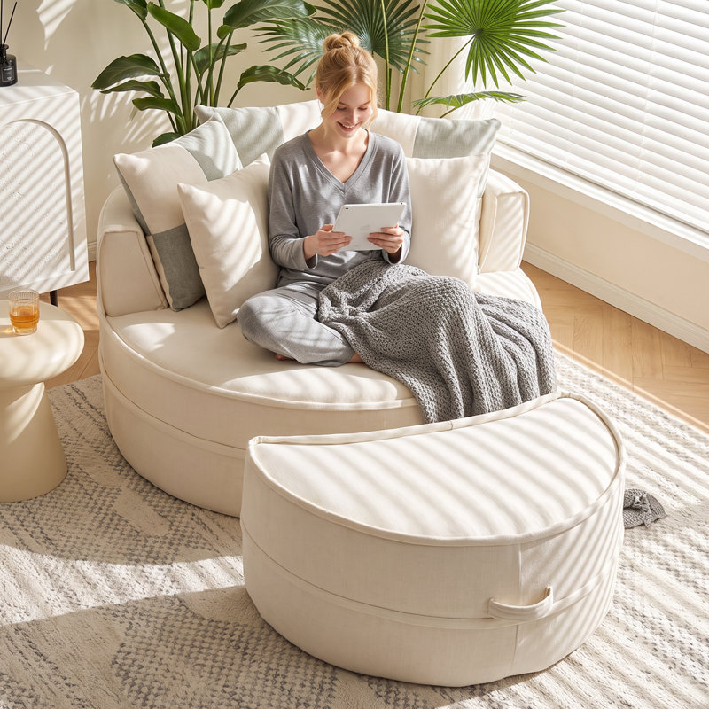 47'' Oversized Round Chenille Chaise Lounge Sofa (With Ottoman), Beige