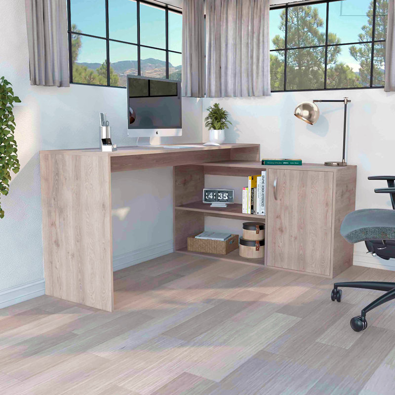 Bureau d'ordinateur moderne en L avec rangement ouvert et fermé, Gris clair