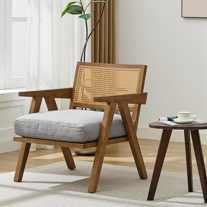 Upholstered Accent Chair, Brown, Grey Linen