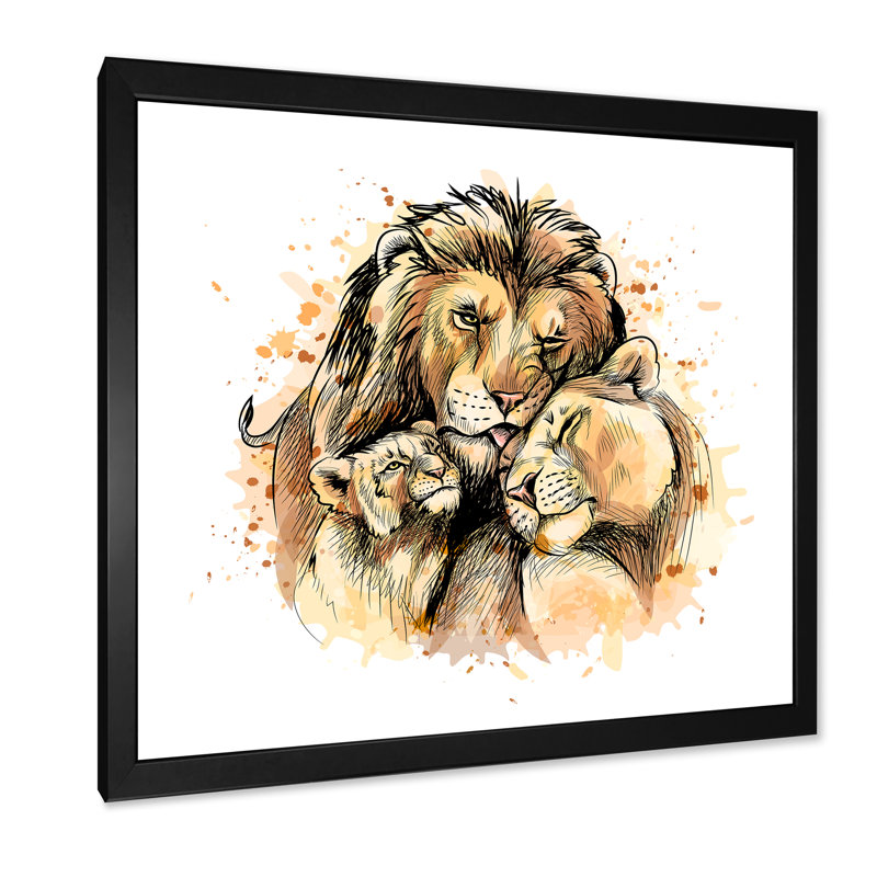 «Family of lion and cubs» - reproduction d'art sur toile traditionnelle, H 36 po x l 36 po x P 1 po, Cadre noir