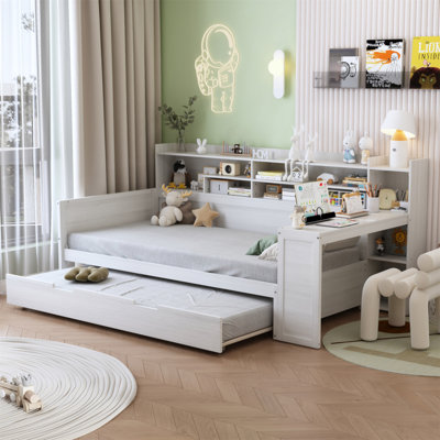 Wooden Twin Size Daybed With Storage Shelves, Multi-Functional Bed With Trundle And Study Desk
