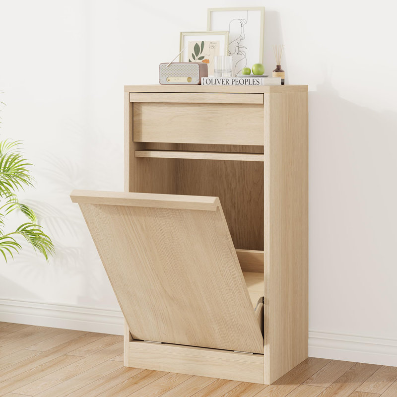 Double Tilt-Out Wooden Trash Can Cabinet, 20 Gal Pet-Proof Garbage Organizer with Storage Drawer, Natural