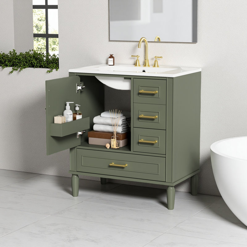 Meuble-lavabo de 30 po avec lavabo en céramique, porte à fermeture en douceur avec tablette intégrée, tiroir profond, tiroir standard, grand tiroir diviseur, grande armoire de rangement pour la salle de bain, design moderne et fonctionnel