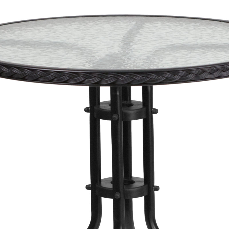 Amlie 28'' Round Tempered Glass Metal Table with Rattan Edging, Black