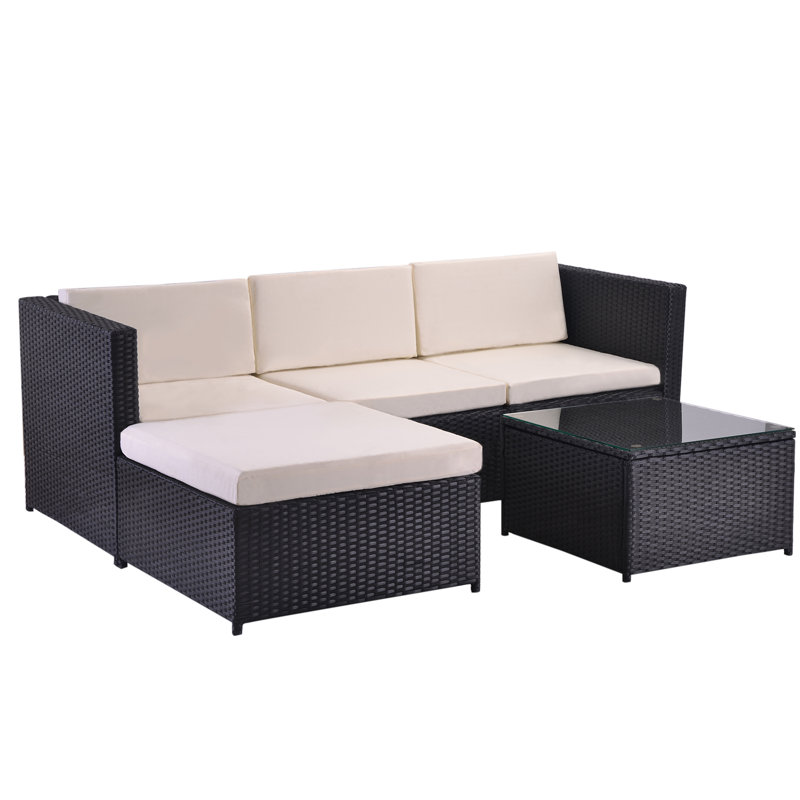 Rattan Garden Wicker Furniture Patio Sofa Set With Glass Coffee Table, Cream, Black