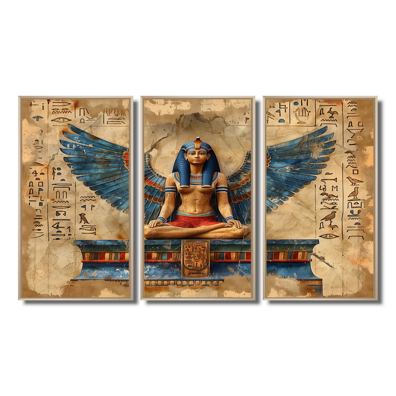 Bleu et beige, déesse égyptienne I - ensemble d'art mural égyptien, Toile naturelle avec cadre flottant