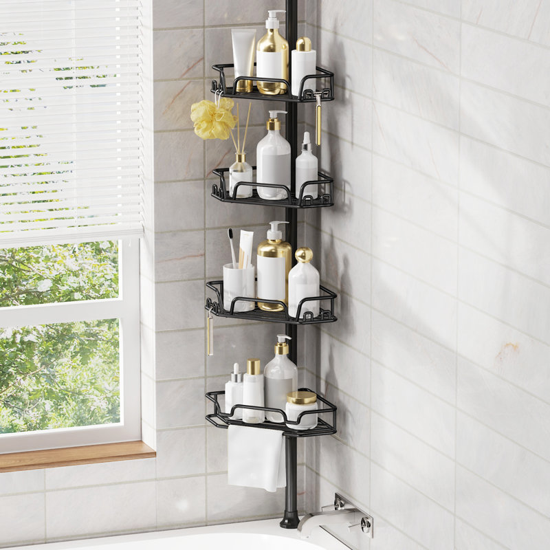 Serviteur de douche à poteau de tension réglable, organisateur de coin de salle de bain à 4 niveaux sans installation de perçage, support de rangement de salle de bain imperméable, noir
