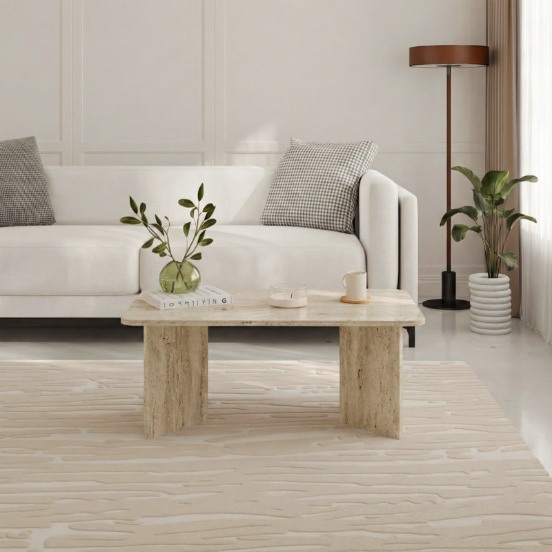  Modern Radius Rectangular Coffee Table, Living Room, Travertine