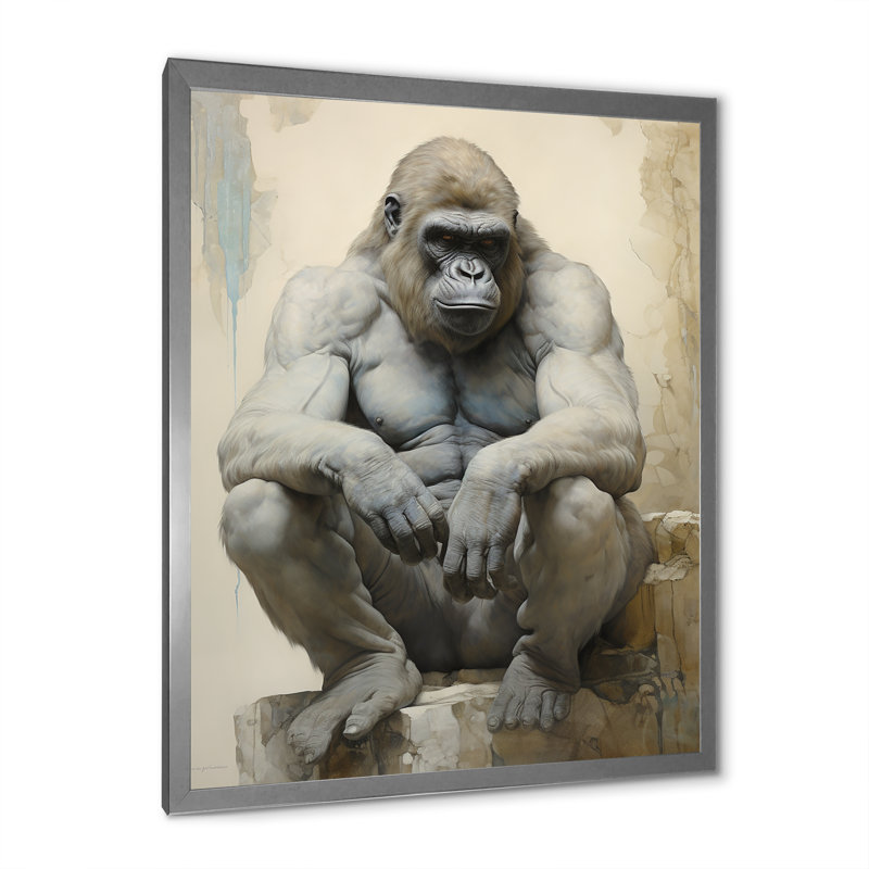 «Thoughtful Gorilla» sur impression sur toile, Cadre simple argenté, H 40 po x l 30 po x P 1,5 po