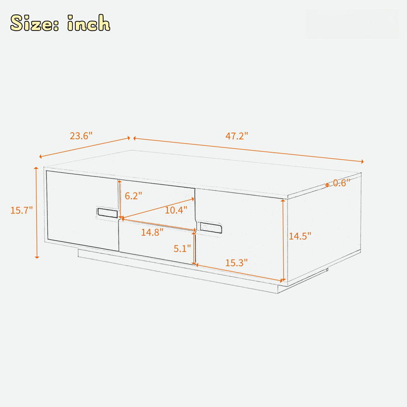 Modern High Glossy Rectangle Coffee Table With 2 Cabinets, One Drawer, 16 Colour Led Lights And A Open Shelf, White